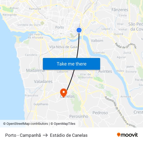 Porto - Campanhã to Estádio de Canelas map