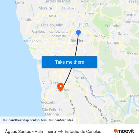 Águas Santas - Palmilheira to Estádio de Canelas map