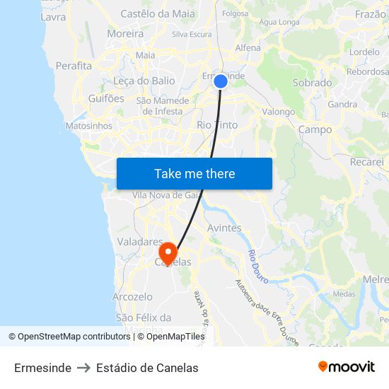 Ermesinde to Estádio de Canelas map