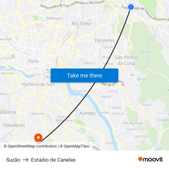 Suzão to Estádio de Canelas map