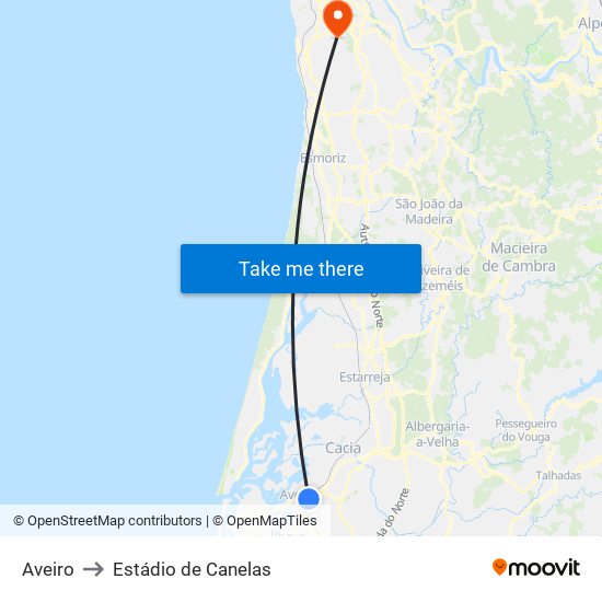 Aveiro to Estádio de Canelas map