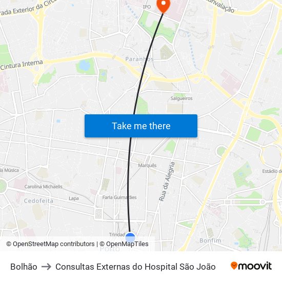 Bolhão to Consultas Externas do Hospital São João map