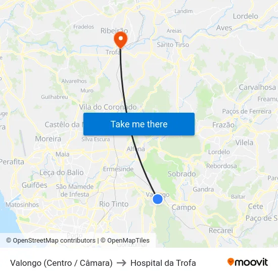 Valongo (Centro / Câmara) to Hospital da Trofa map