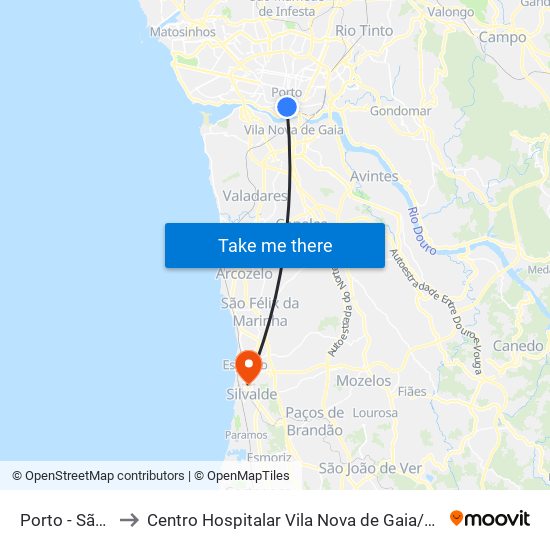 Porto - São Bento to Centro Hospitalar Vila Nova de Gaia / Espinho - Unidade 3 map