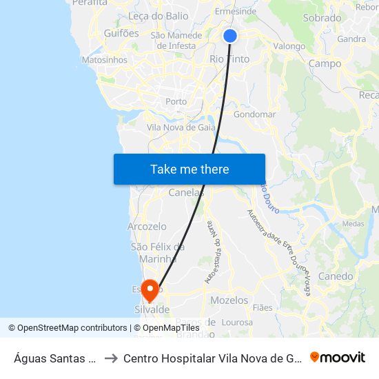 Águas Santas - Palmilheira to Centro Hospitalar Vila Nova de Gaia / Espinho - Unidade 3 map