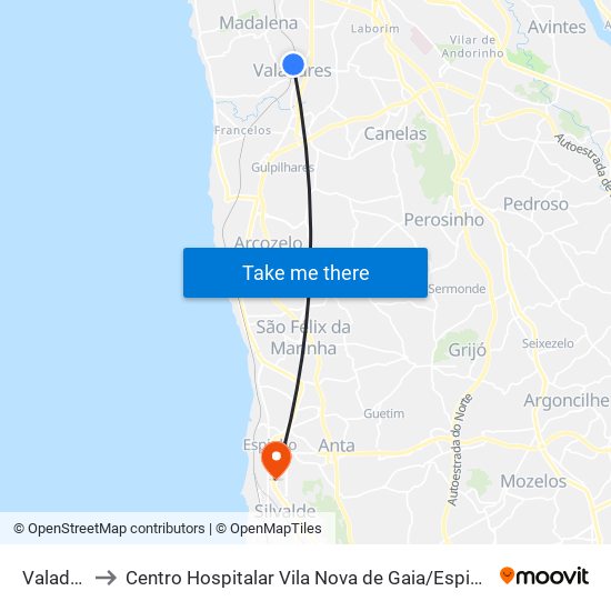 Valadares to Centro Hospitalar Vila Nova de Gaia / Espinho - Unidade 3 map