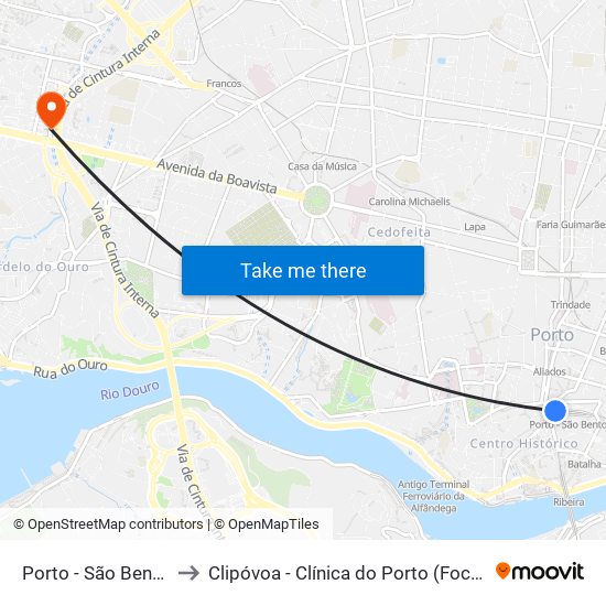 Porto - São Bento to Clipóvoa - Clínica do Porto (Foco) map