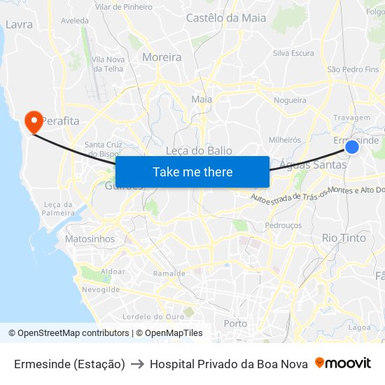 Ermesinde (Estação) to Hospital Privado da Boa Nova map