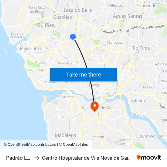 Padrão Légua to Centro Hospitalar de Vila Nova de Gaia - Unidade 2 map