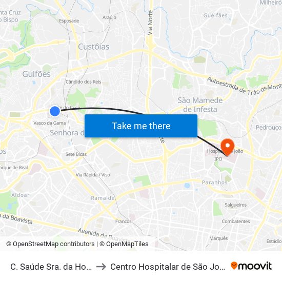 C. Saúde Sra.da Hora to Centro Hospitalar de São João map