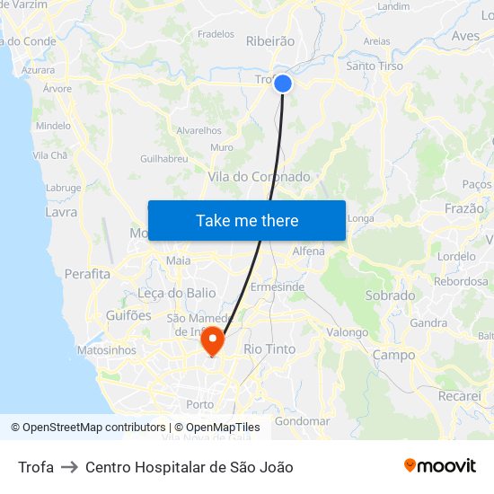 Trofa to Centro Hospitalar de São João map