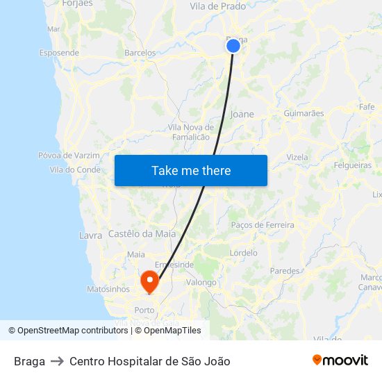 Braga to Centro Hospitalar de São João map