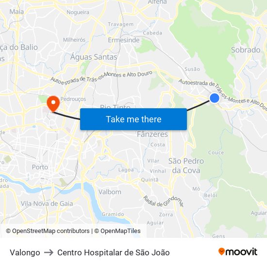 Valongo to Centro Hospitalar de São João map