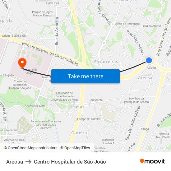 Areosa to Centro Hospitalar de São João map