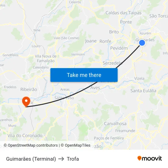 Guimarães (Terminal) to Trofa map