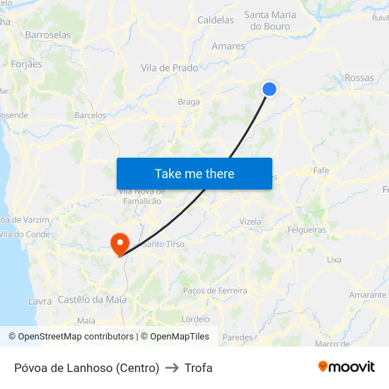 Póvoa de Lanhoso (Centro) to Trofa map