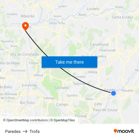 Paredes to Trofa map