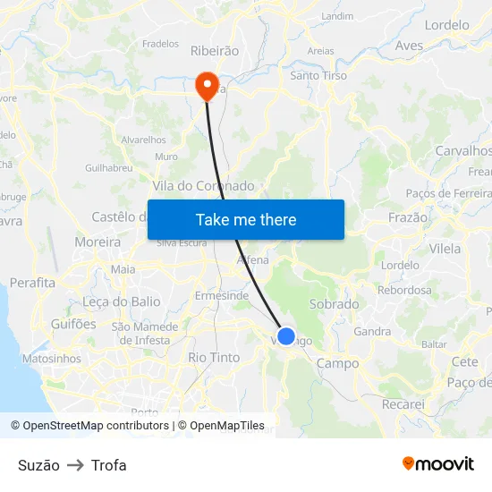 Suzão to Trofa map