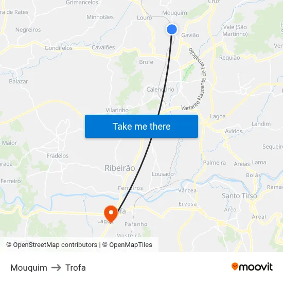 Mouquim to Trofa map