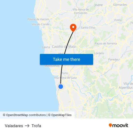 Valadares to Trofa map