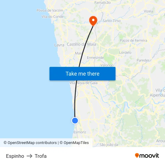Espinho to Trofa map