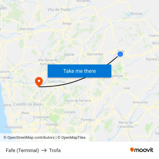 Fafe (Terminal) to Trofa map