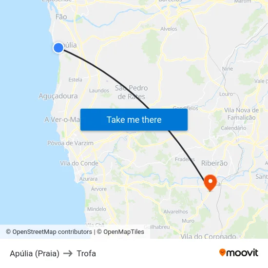 Apúlia (Praia) to Trofa map