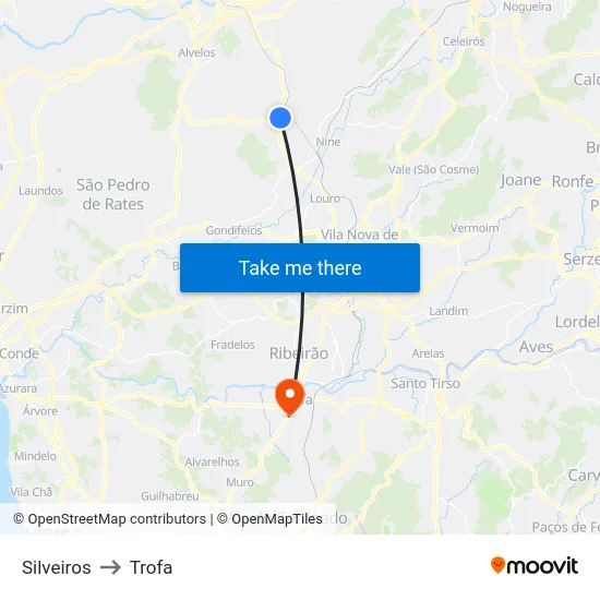 Silveiros to Trofa map
