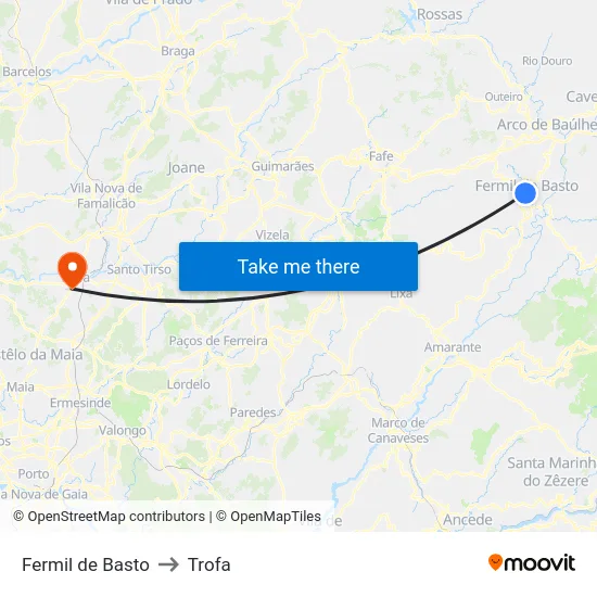 Fermil de Basto to Trofa map