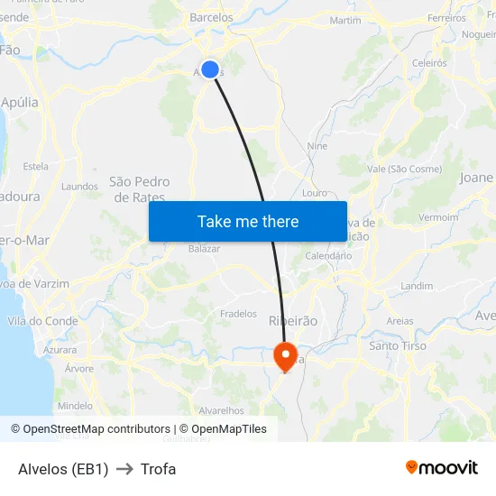 Alvelos (EB1) to Trofa map