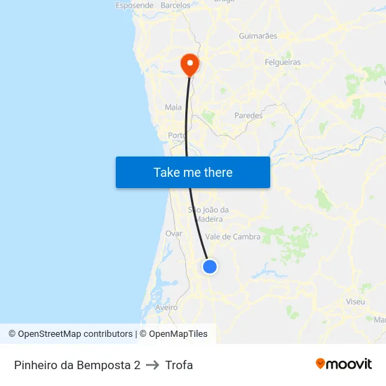 Pinheiro da Bemposta 2 to Trofa map