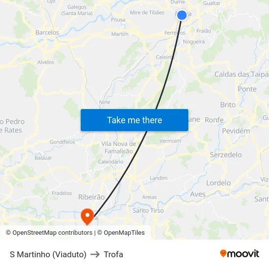 S Martinho (Viaduto) to Trofa map