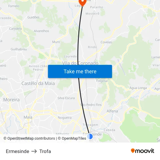 Ermesinde to Trofa map