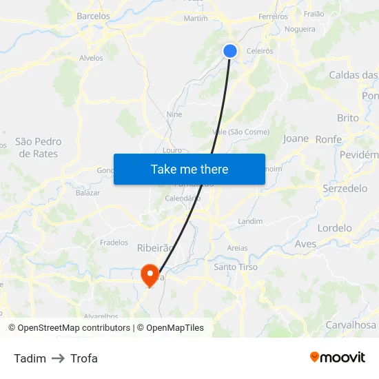 Tadim to Trofa map