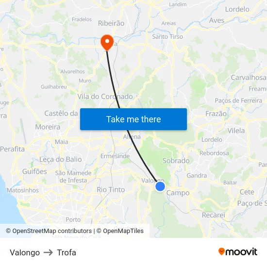 Valongo to Trofa map