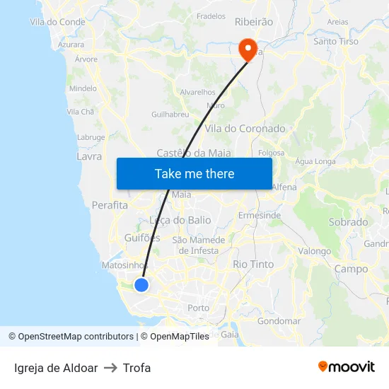 Igreja de Aldoar to Trofa map