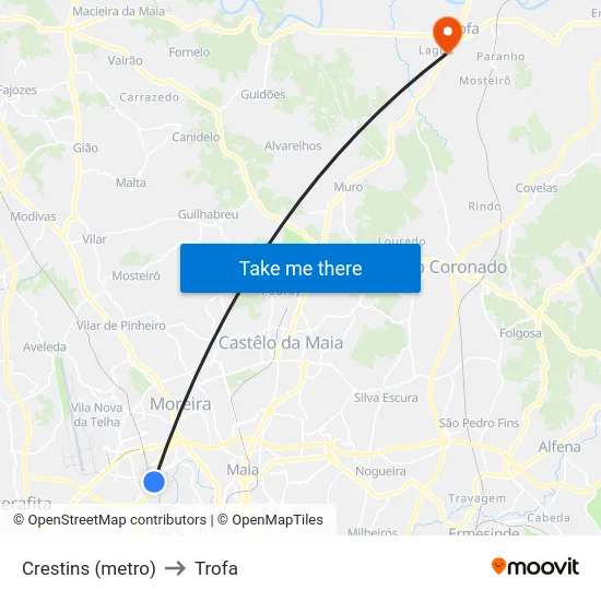 Crestins (metro) to Trofa map