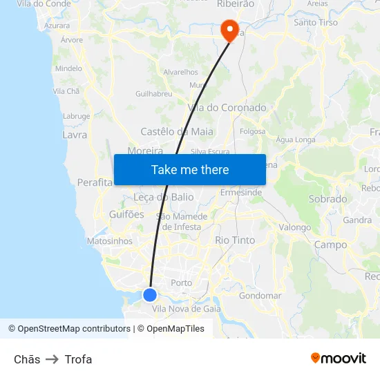 Chãs to Trofa map