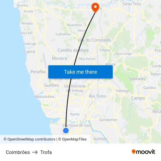 Coimbrões to Trofa map