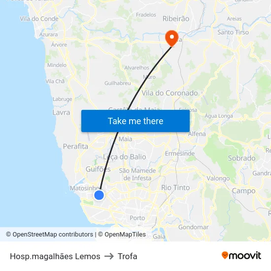 Hosp.magalhães Lemos to Trofa map