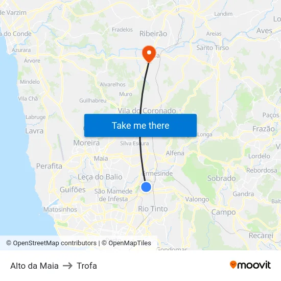 Alto da Maia to Trofa map