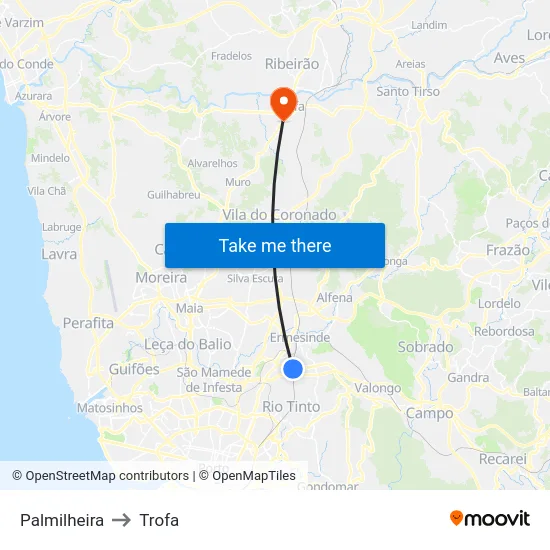 Palmilheira to Trofa map