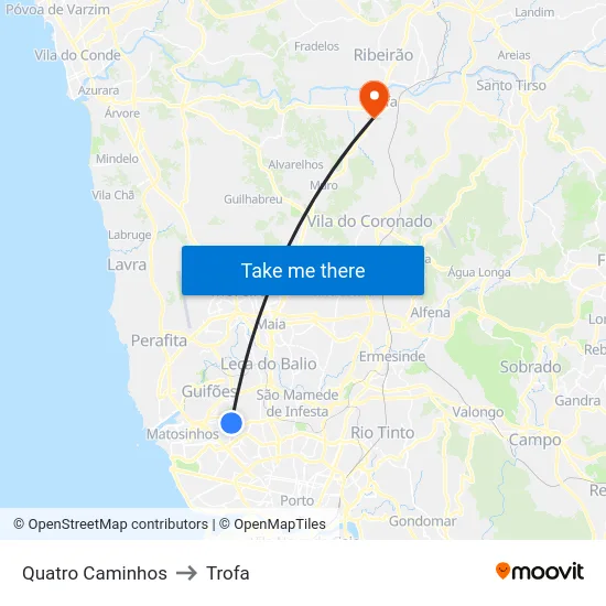 Quatro Caminhos to Trofa map