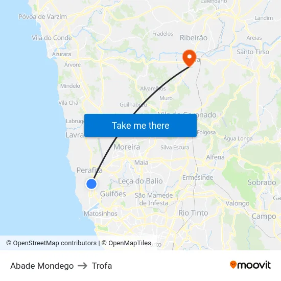 Abade Mondego to Trofa map