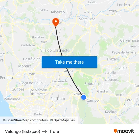 Valongo (Estação) to Trofa map