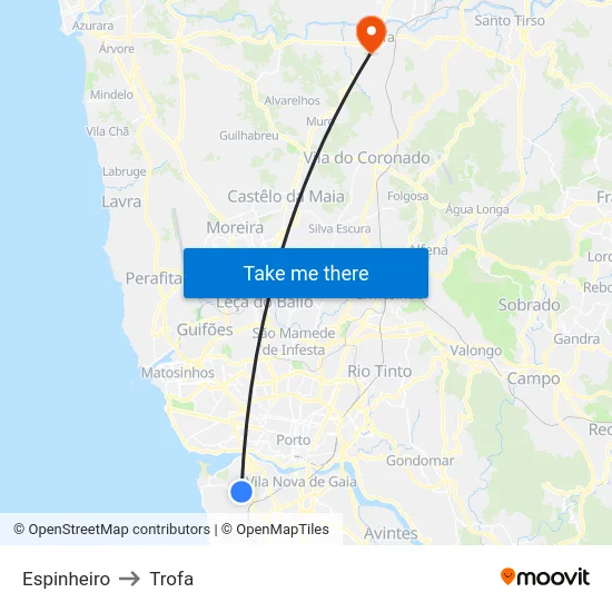 Espinheiro to Trofa map