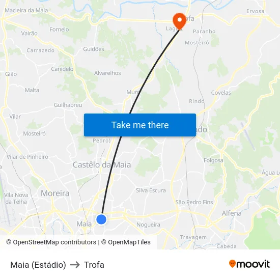 Maia (Estádio) to Trofa map