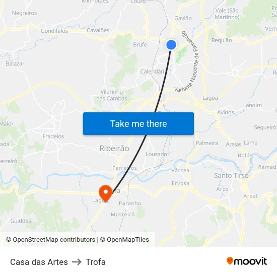 Casa das Artes to Trofa map