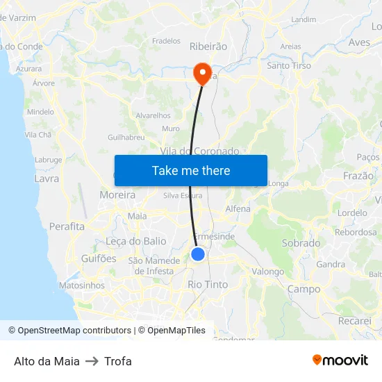 Alto da Maia to Trofa map