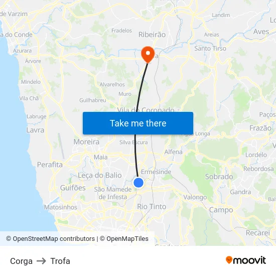 Corga to Trofa map